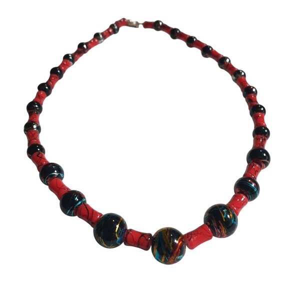 Gothic Necklace Handcrafted Red Black Painted Beaded Necklace T Clasp - Picture 4 of 6